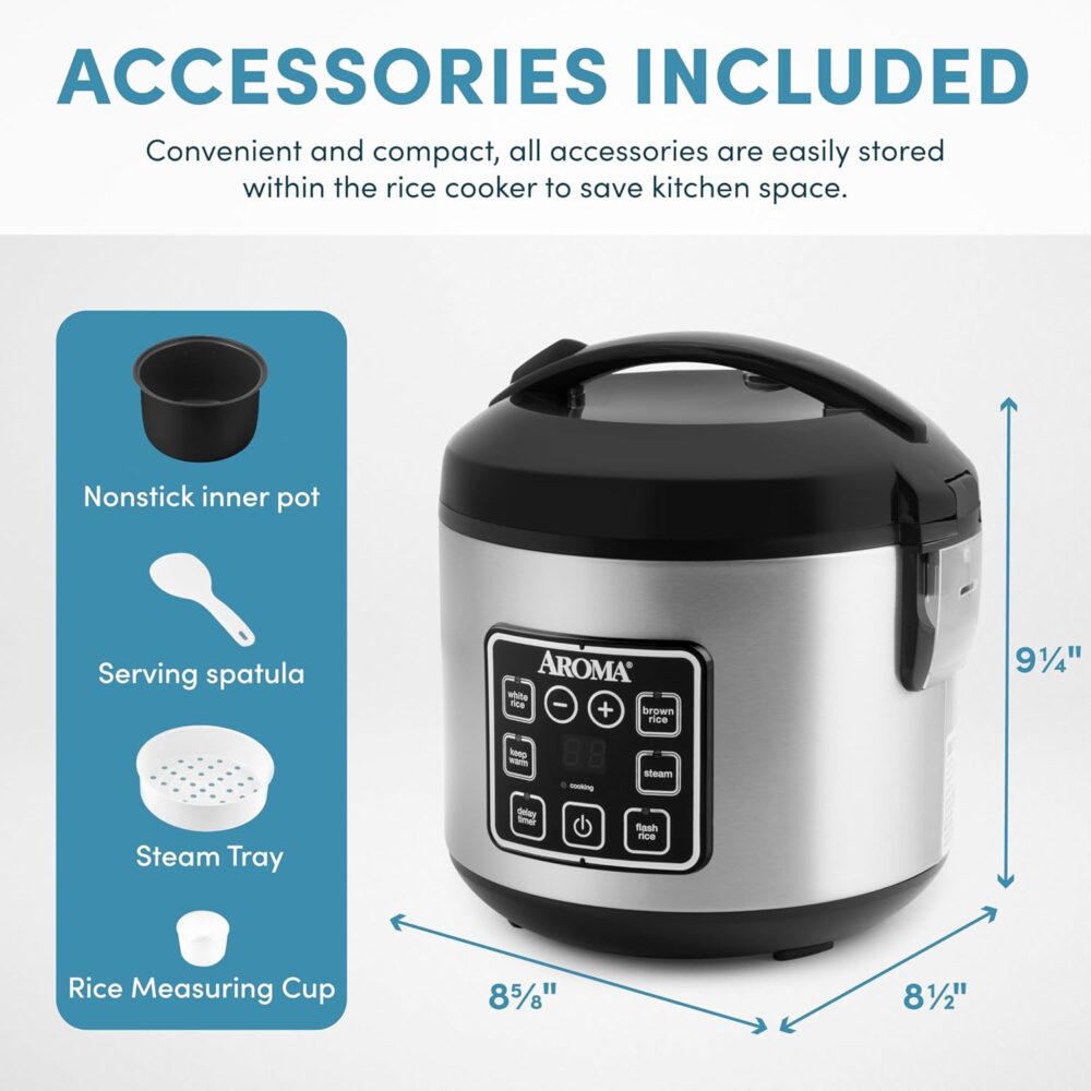 AROMA 8-Cup Digital Rice Cooker & Steamer – Stainless Steel  | Wiloria