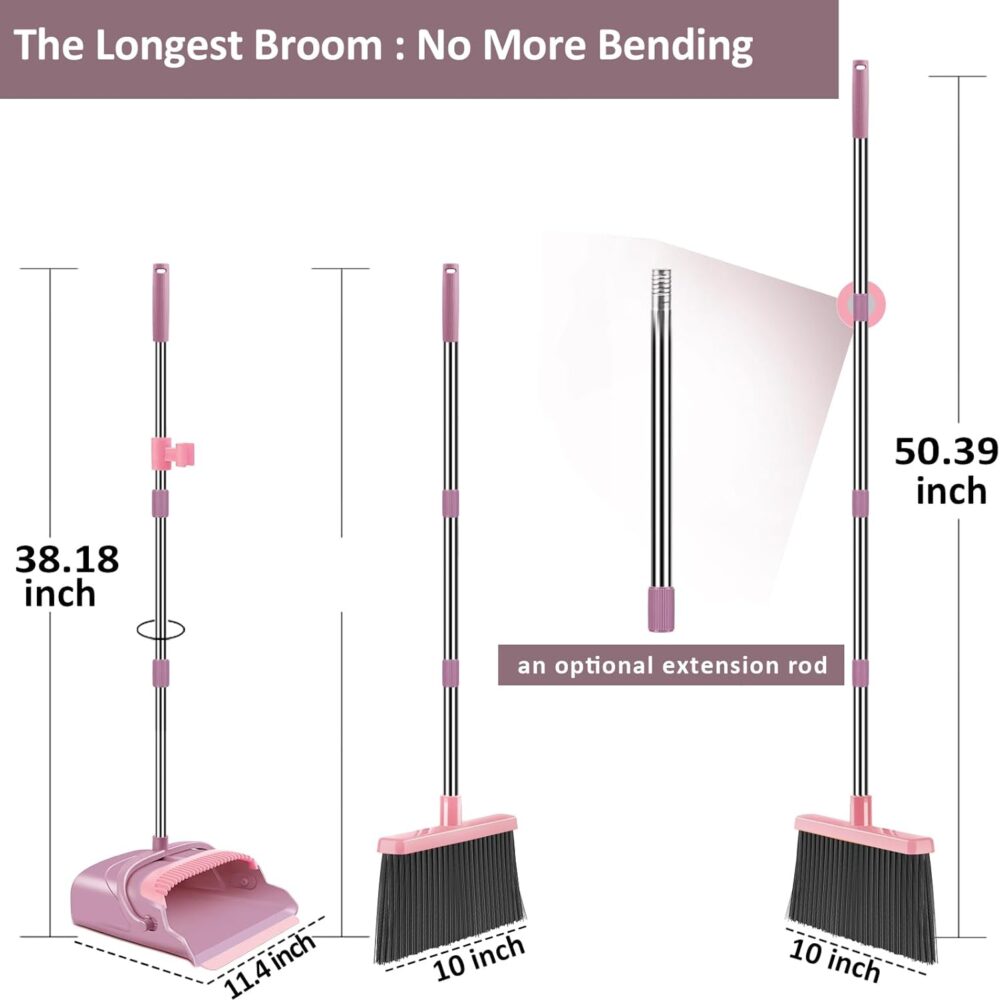 Kelamayi Pink Broom and Dustpan Set – Stand Up, Extendable Handle  | Wiloria