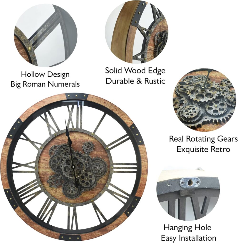 Oversized 27" Real Moving Gears Wall Clock – Rustic Elegance in Motion  | Wiloria - Image 5
