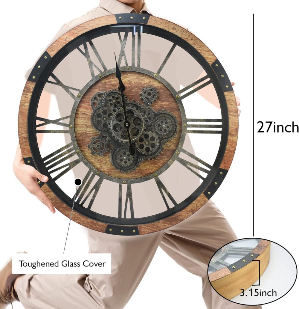 Oversized 27" Real Moving Gears Wall Clock – Rustic Elegance in Motion  | Wiloria - Image 4