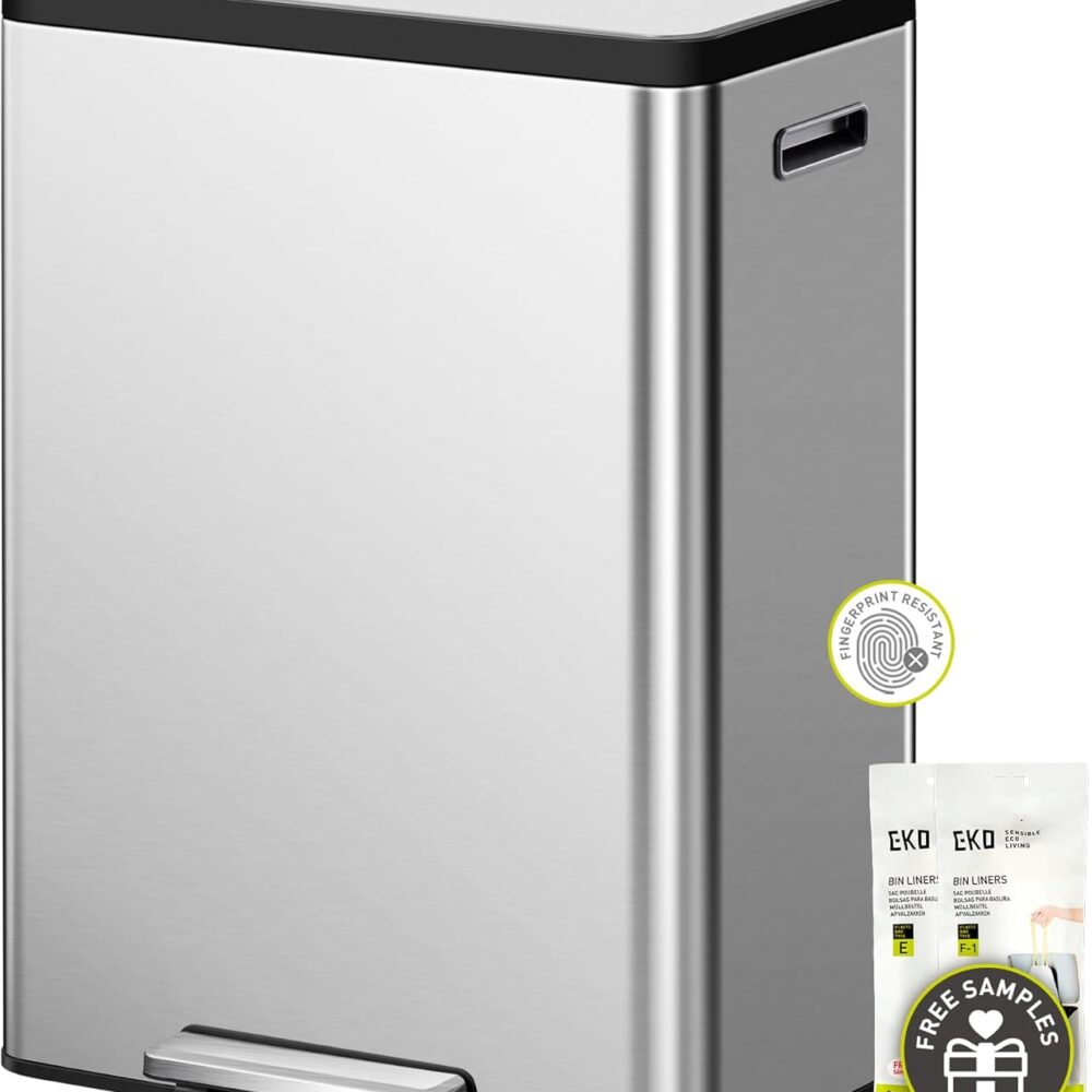 EKO EcoCasa II 60L Dual Trash & Recycling Bin – Stainless Steel Step-On Kitchen Garbage Can  | Wiloria