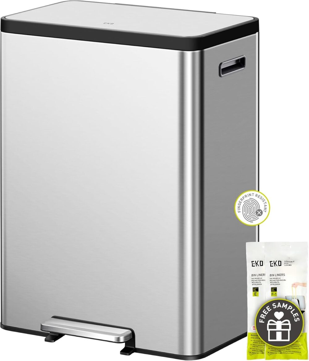EKO EcoCasa II 60L Dual Trash & Recycling Bin – Stainless Steel Step-On Kitchen Garbage Can  | Wiloria