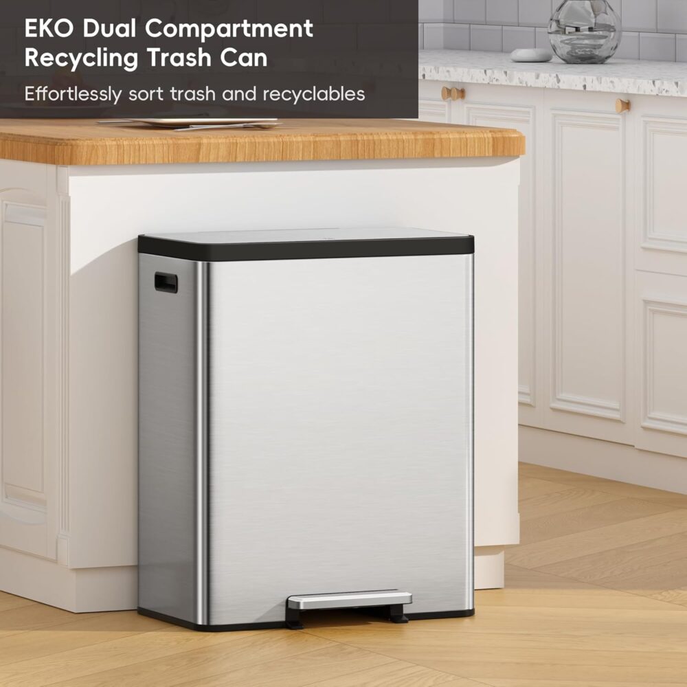 EKO EcoCasa II 60L Dual Trash & Recycling Bin – Stainless Steel Step-On Kitchen Garbage Can  | Wiloria - Image 4