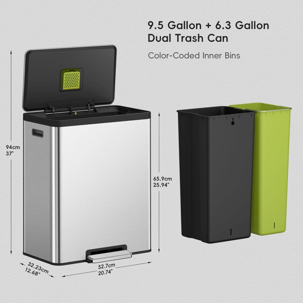 EKO EcoCasa II 60L Dual Trash & Recycling Bin – Stainless Steel Step-On Kitchen Garbage Can  | Wiloria - Image 3