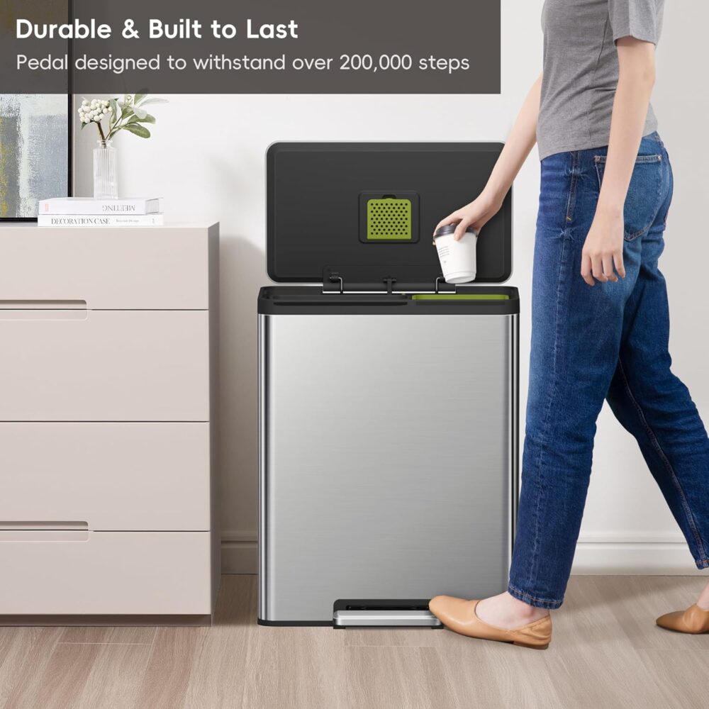 EKO EcoCasa II 60L Dual Trash & Recycling Bin – Stainless Steel Step-On Kitchen Garbage Can  | Wiloria