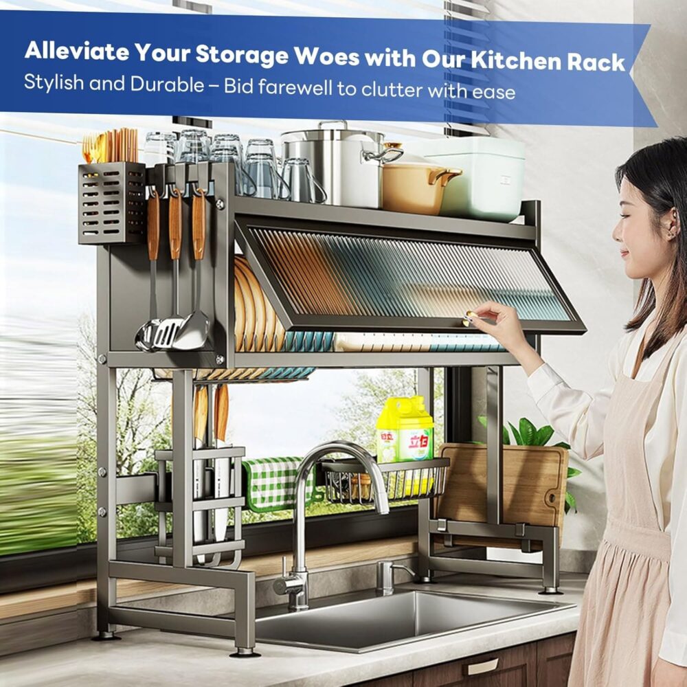 Over-the-Sink 3-Tier Dish Drying Rack with Cover – Space-Saving & Hygienic  | Wiloria - Image 3