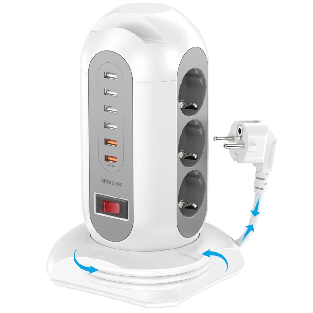 15-in-1 Tower Power Strip 2500W with 9 AC Outlets, 6 USB Ports | Wiloria
