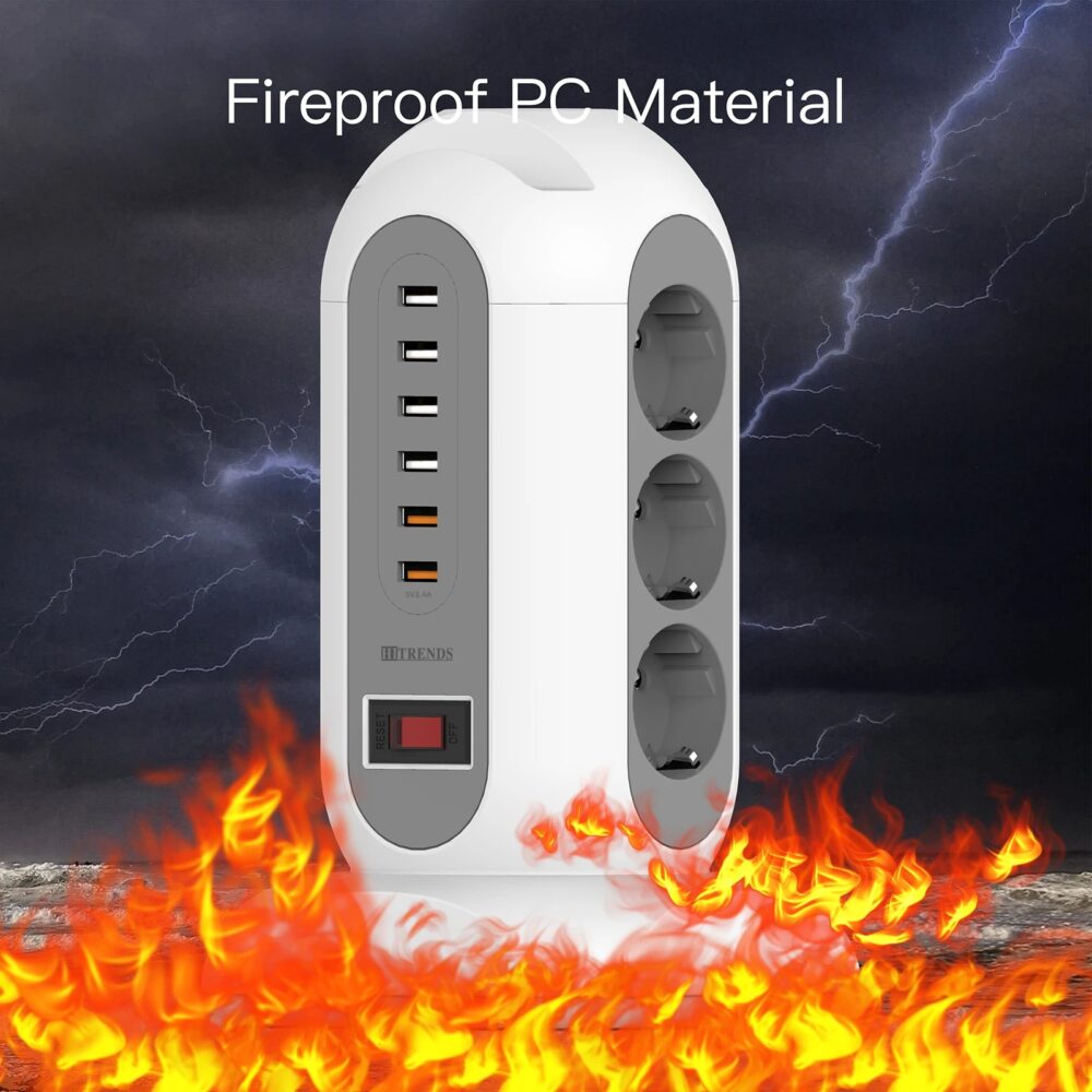 15-in-1 Tower Power Strip 2500W with 9 AC Outlets, 6 USB Ports | Wiloria