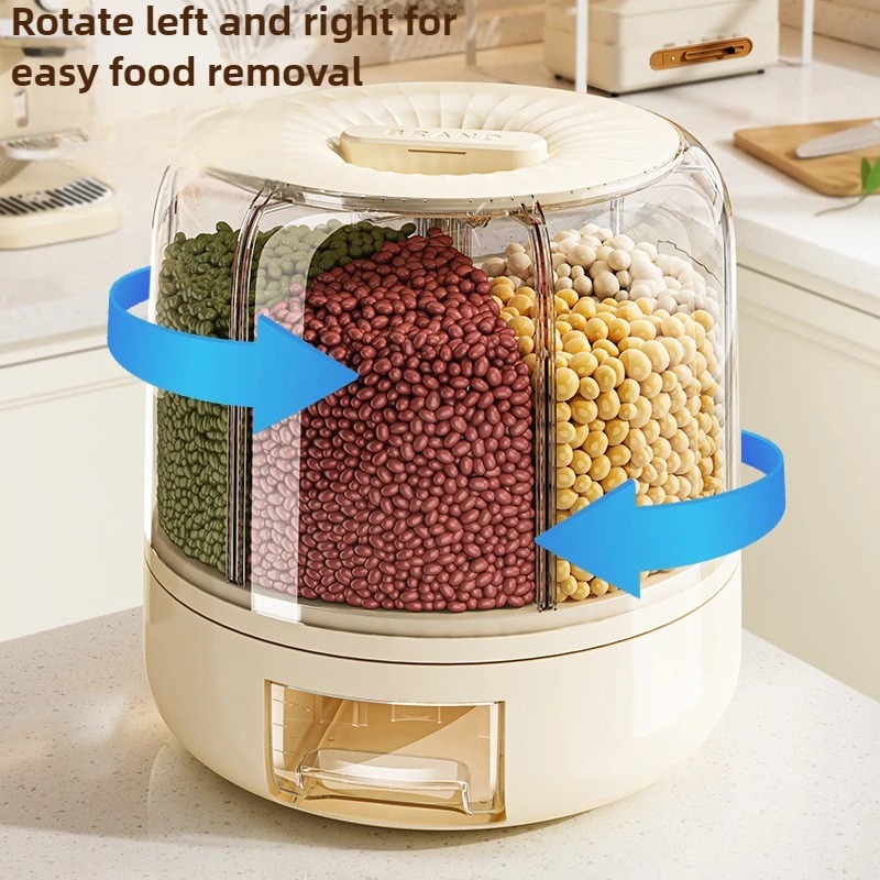 6-Grid Rotating Food Storage Box – Insect-Proof & Moisture-Proof Container for Rice, Grains & Cereals | Smart Kitchen Organizer| Wiloria