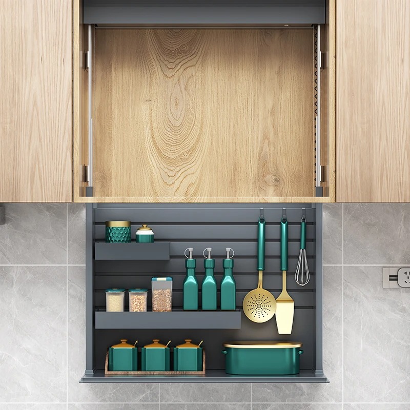 Electric Pull Down Cabinet Organizer with Touch Switch, LED Lights & Stainless Steel Construction | Wiloria - Image 3